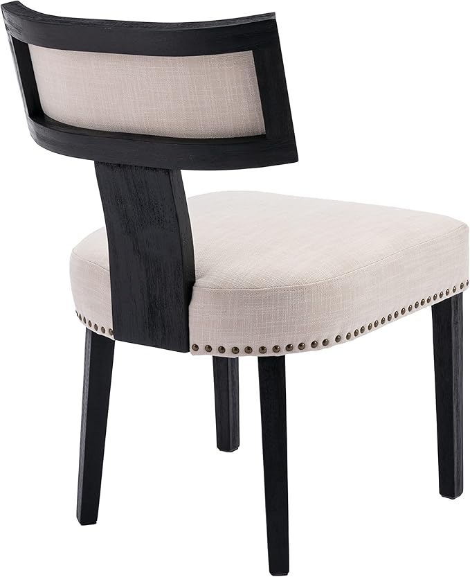Mid Century Modern Dining Chairs Set of 6 Linen Fabric Upholstered Kitchen Side Chairs with Nailhead Trim, Modern Kitchen Armless Solid Wood Dining Chairs, Beige