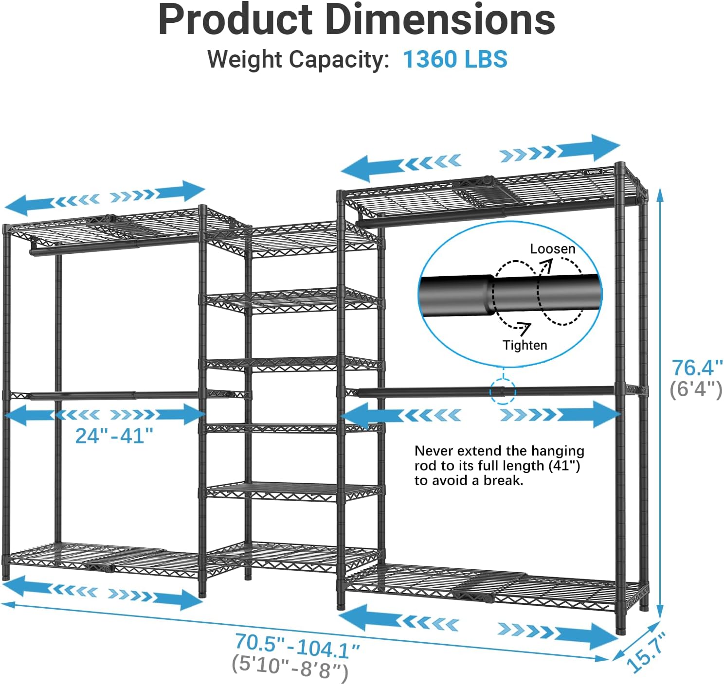 VIPEK X3 Plus Large Expandable Closet Rack Adjustable from 5'10" to 8'8" with Extendable Shelves and Hanger Rods, Freestanding Clothing Racks Modular Closet Systems Wardrobe, Max Load 1360LBS, Black