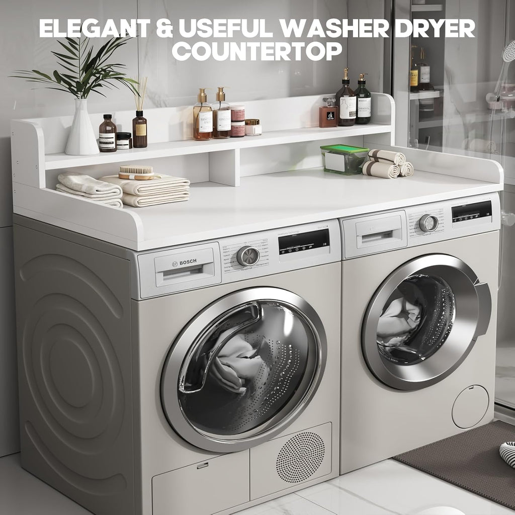 2-Tier Washer and Dryer Countertop with 2.75" H Guard,58" W x 28" D Laundry Countertop Cover with Non-Slip Pad,Large Space Laundry Topper for Folding Clothes Over Washer and Dryer-White