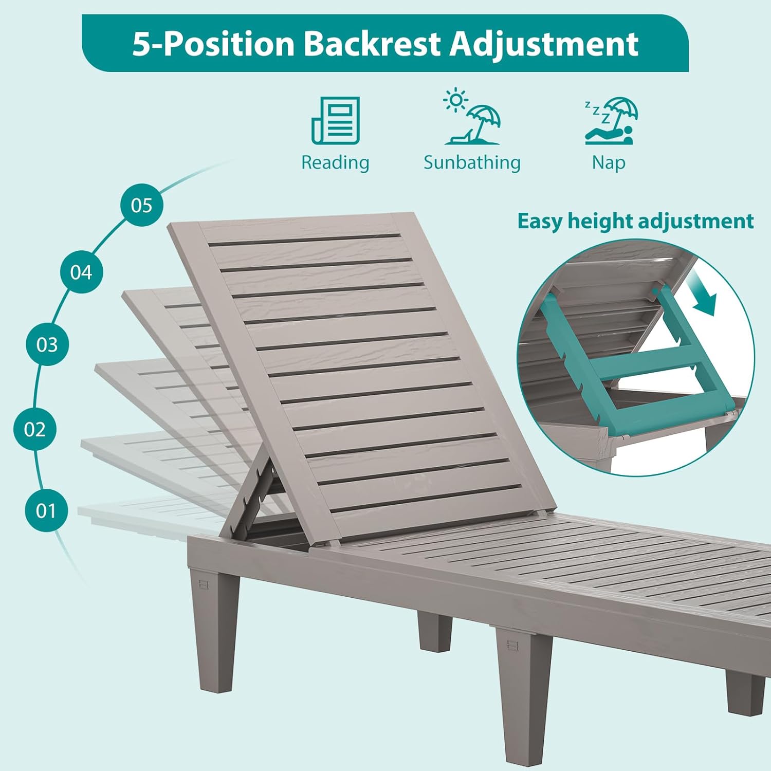 Outdoor Chaise Lounge Chairs Set of 6 for Poolside Patio Outside | Resin Weather-Resistant Sun Lounger with 5-Position Backrest, Tanning Chair for Pool Sunbathing Outside Deck Beach, Taupe