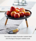 YAMAZAKI Home Plain Metal Pedestal Table Tray with Wooden Legs for Countertop Or Floor, Holds Fruit, Plants, Tea, Steel + Wood