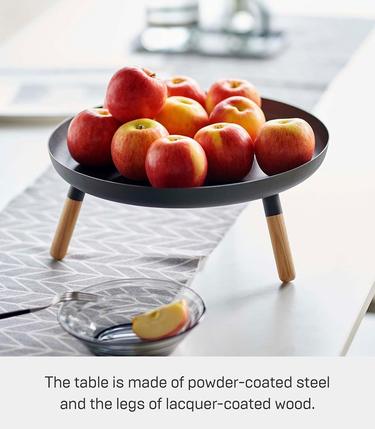 YAMAZAKI Home Plain Metal Pedestal Table Tray with Wooden Legs for Countertop Or Floor, Holds Fruit, Plants, Tea, Steel + Wood