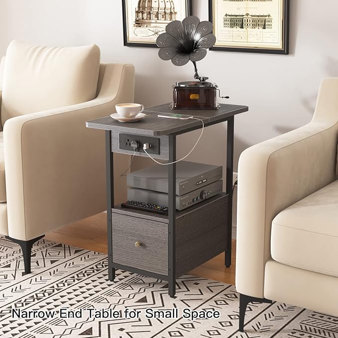LIDYUK End Table with Charging Station, Narrow Side Table with Drawer and USB...