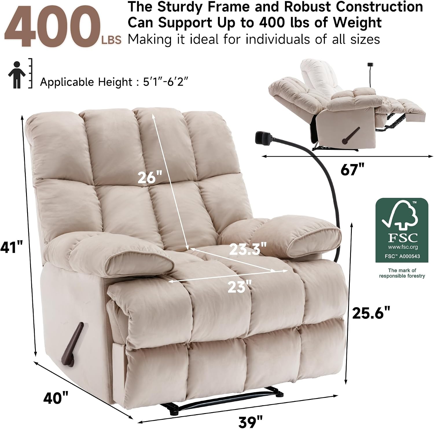 Oversized Recliner Chair, Big Mans Recliner Chairs for Adults 400lbs, Wide Recliners for Tall Man, Large Recliner Chair for Living Room(Cream)