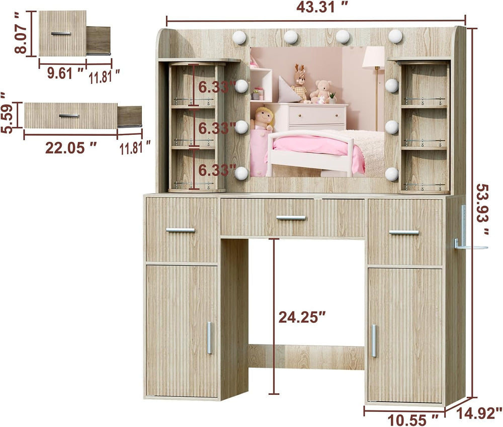 EasyCom Makeup Vanity Desk with Lights, Mirror and Jewelry Storage, Oak | USB...
