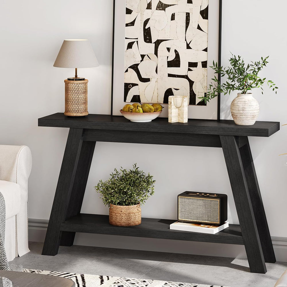 Black Console Table, 55Inch Entryway Console Tables 2-Tier Narrow Wood Consol...