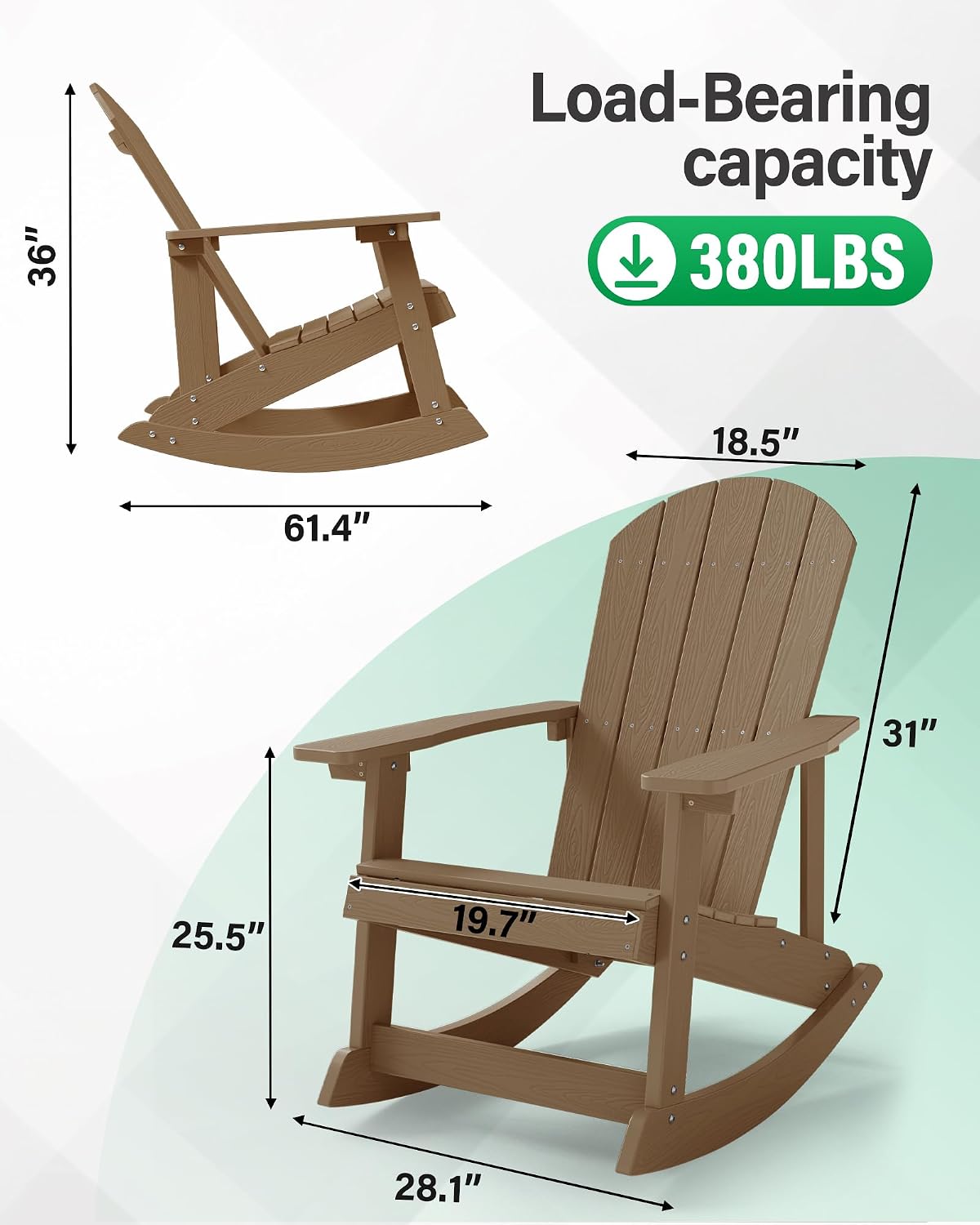 YEFU Adirondack Rocking Chair Set of 2, All-Weather Resistant, Teak | Outdoor Rocking Chair Oversized, Rocker Chair with Wide Back,Look Like Real Wood, For Patio/Porch/Backyard,Heavy Duty 380 lbs