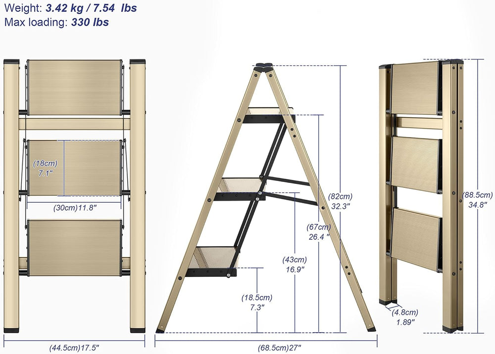 Step Stool Foldable Small Step Ladder (3 Steps, Dark-champagne)