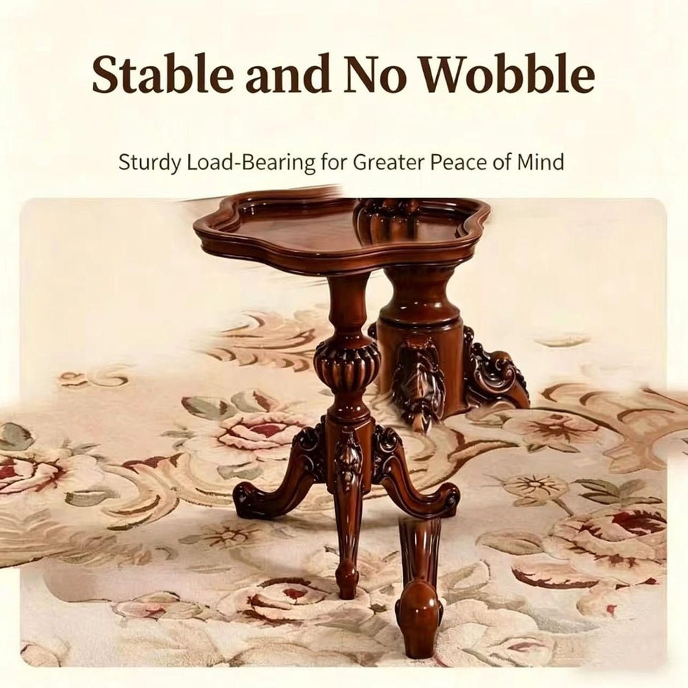 Solid Wood Carved Side Table, Vintage Round End Table with Raised Edge, Tripo...
