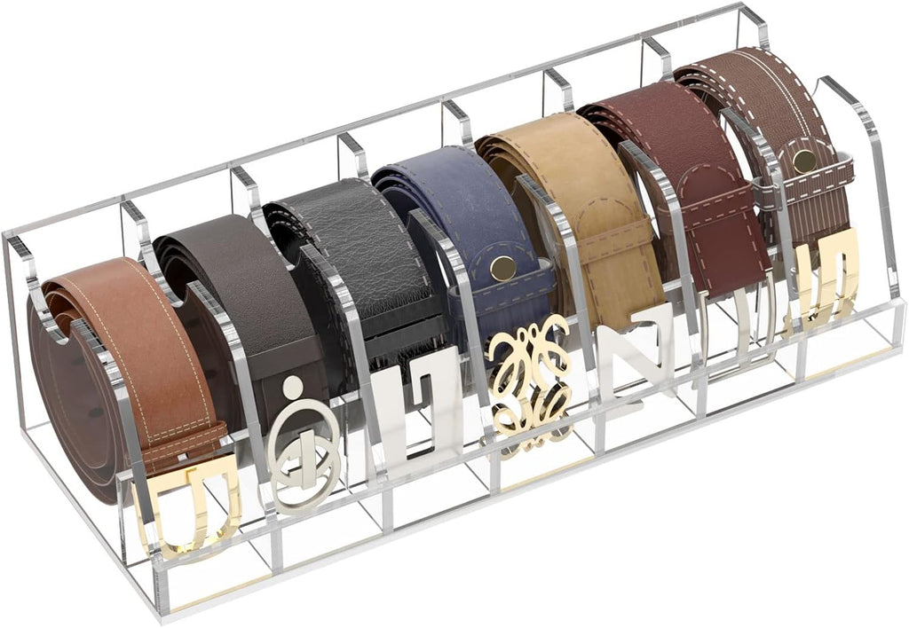 FEMELI Belt Organizer Acrylic Clear Case Storage Holder for Closet and Drawer, 7 Compartments Tie Box Container with Display Stand