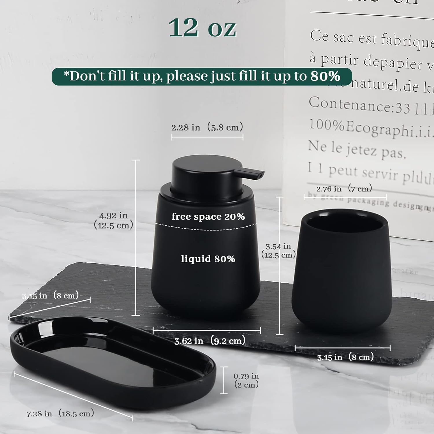 BosilunLife Black Bathroom Accessory Set - 3 pcs Ceramic Bathroom Soap Dispenser Set Farmhouse Bathroom Counter Decor Set Accessories, Soap Dispenser and Toothbrush Holder, Tray (Liquid Pump)