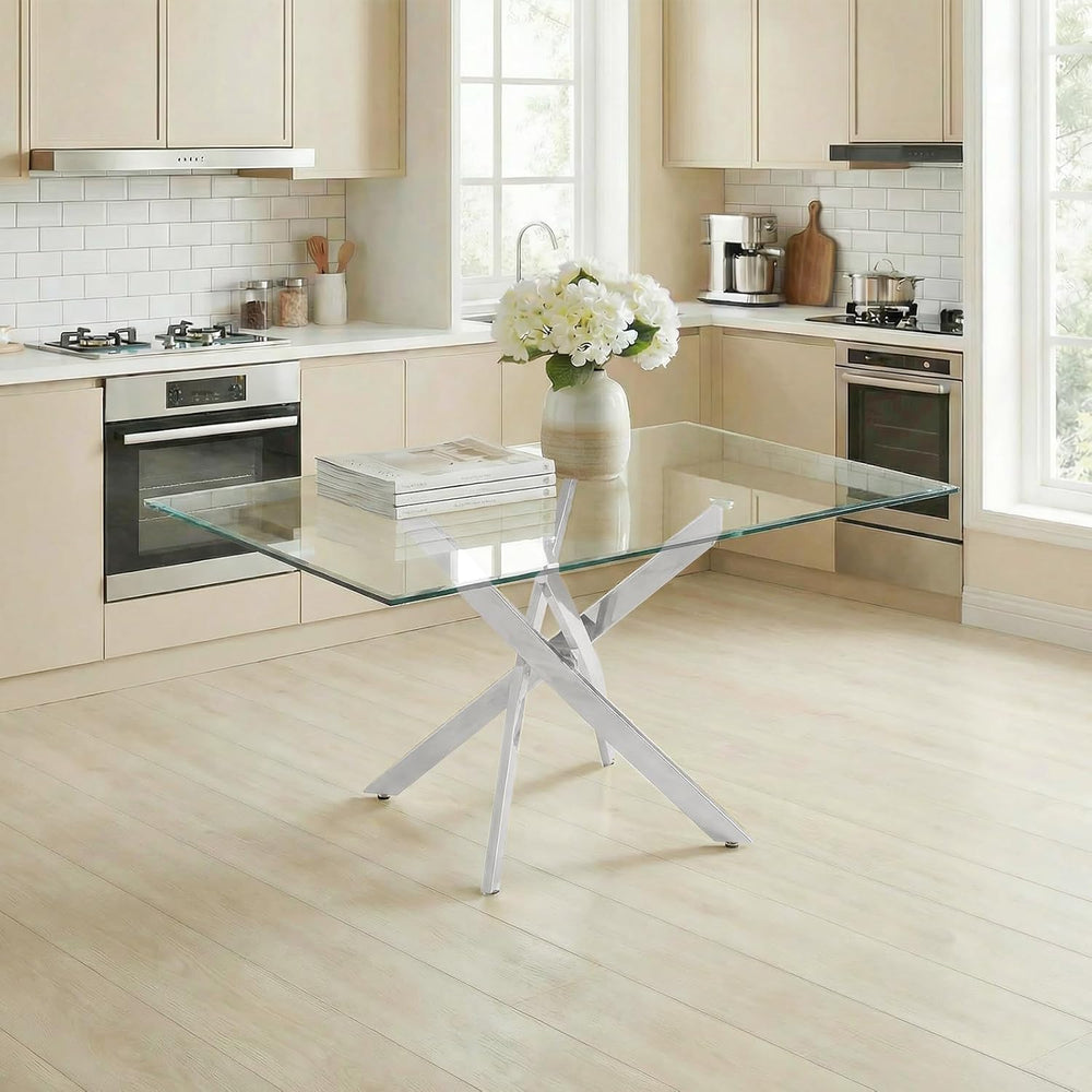 59 Inch Glass Dining Table for 6, Modern Square Kitchen Table with Silver Leg...