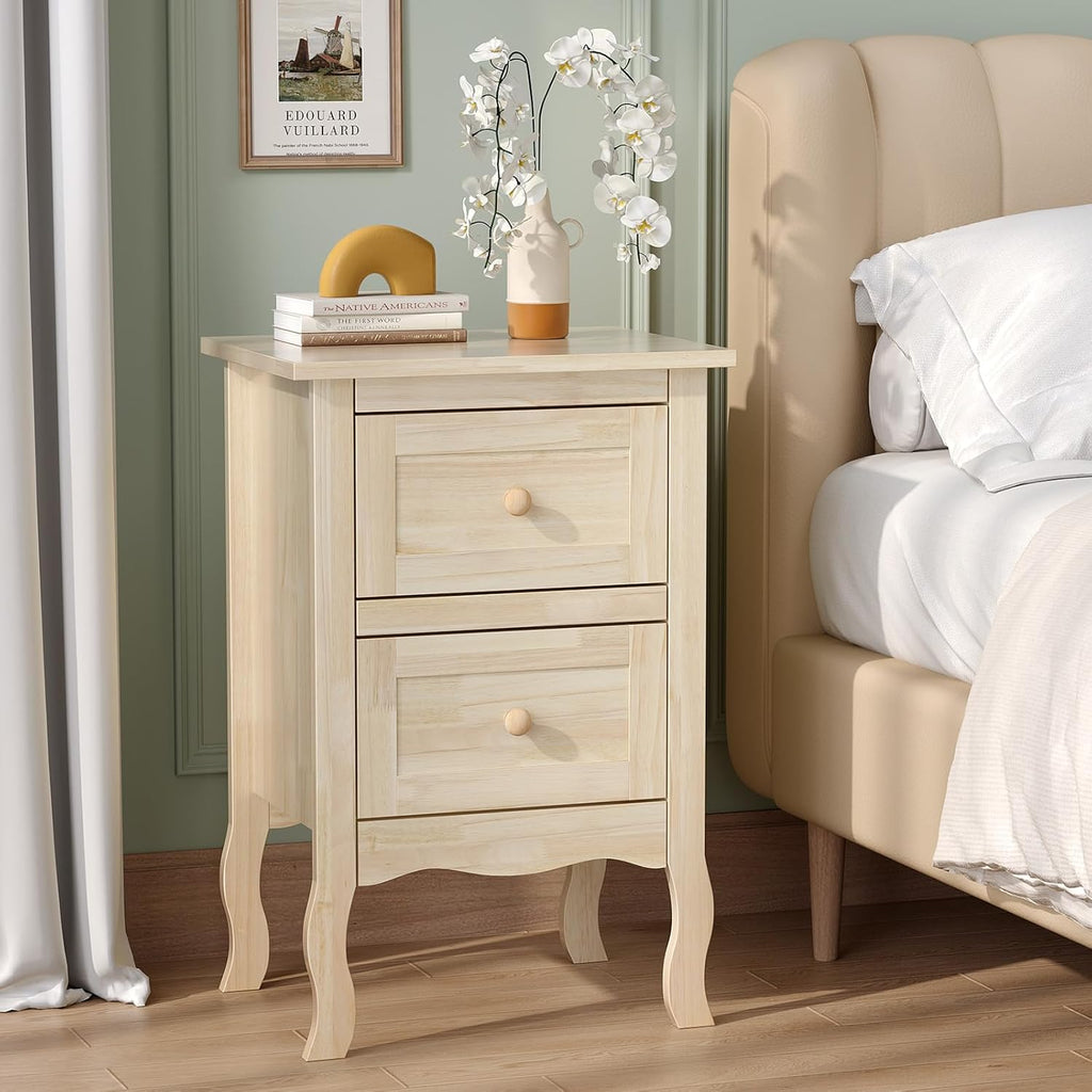 VINGLI Unfinished Solid Wood Nightstand for Color DIY, Small Nightstand for Bedroom, Natural Wood Night Stand with Drawers, Light Wood Night Stand, Real Wooden Bed Side Table/End Table