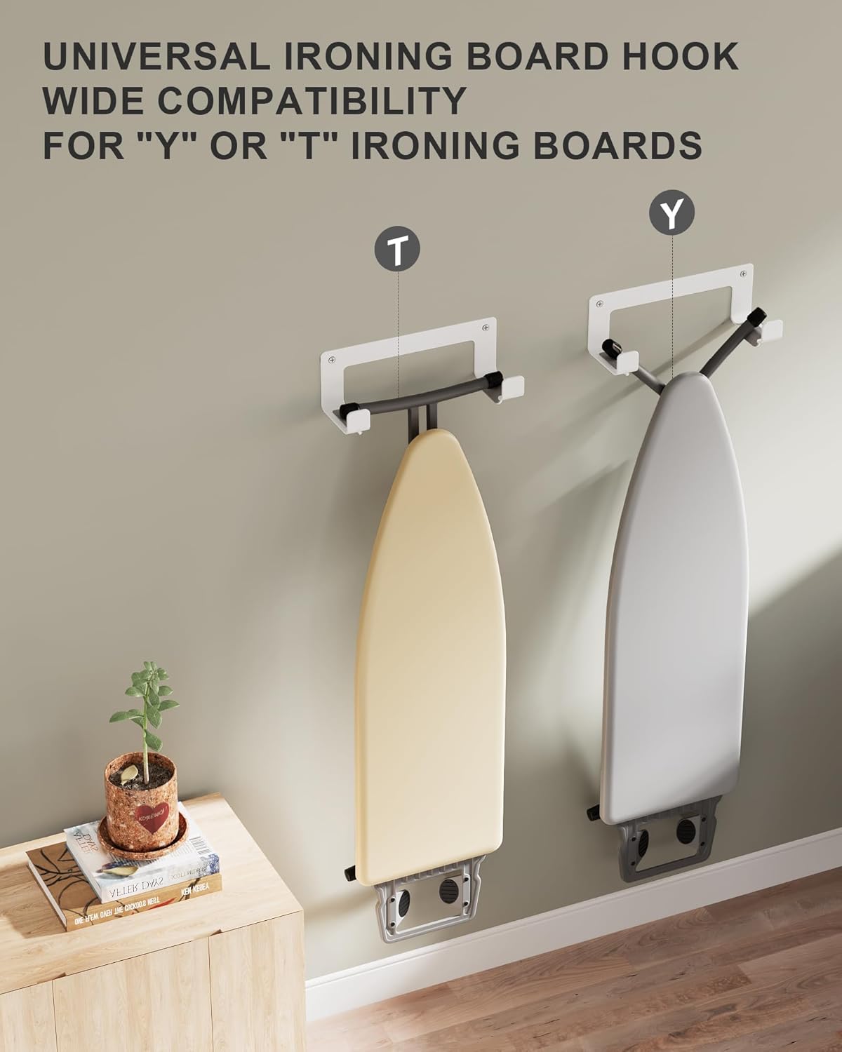 Extra Large Ironing Board Hanger Wall Mount Stainless Steel, Y T Leg Ironing Board Holder Wall Mount for Laundry Room, Iron Board Hooks for Wall Heavy Duty, White