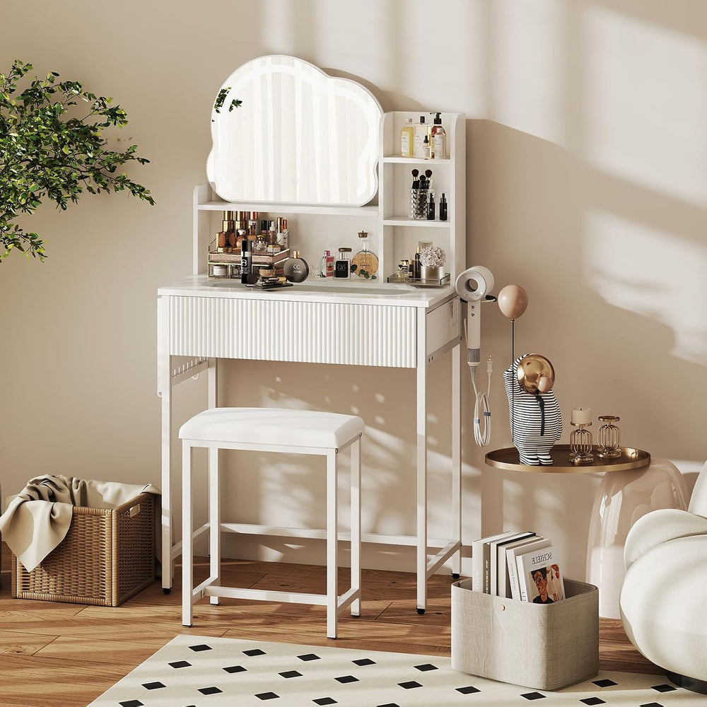 YOURLITE Vanity Desk with Mirror and Lights, Fluted Makeup Vanity Set with Ch...