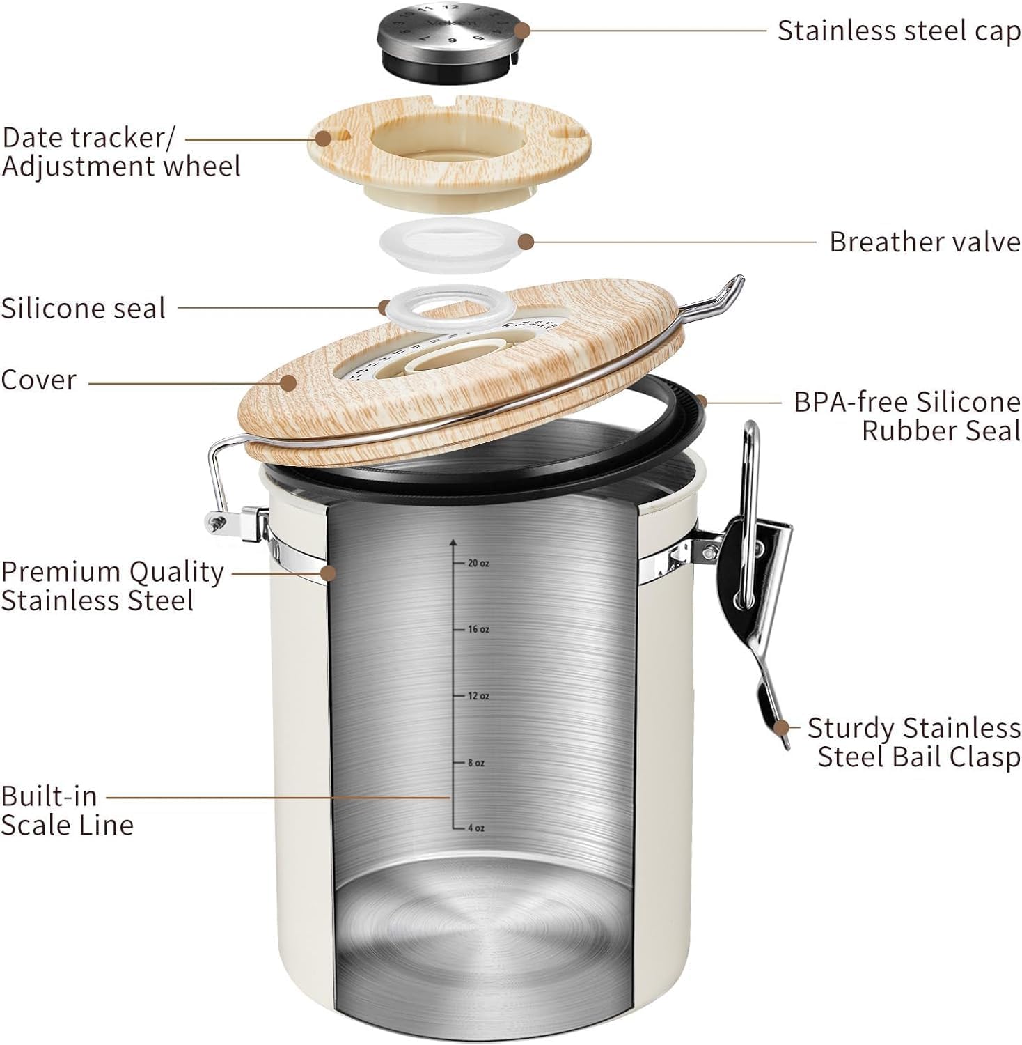 Veken Coffee Sugar Canister with Window, Christmas Coffee Lovers Gift Basket Set, Airtight Stainless Steel Kitchen Food Storage Container Gifts for Grounds, Beans,Tea,Flour, Cereal, Scoop, 22OZ,Cream