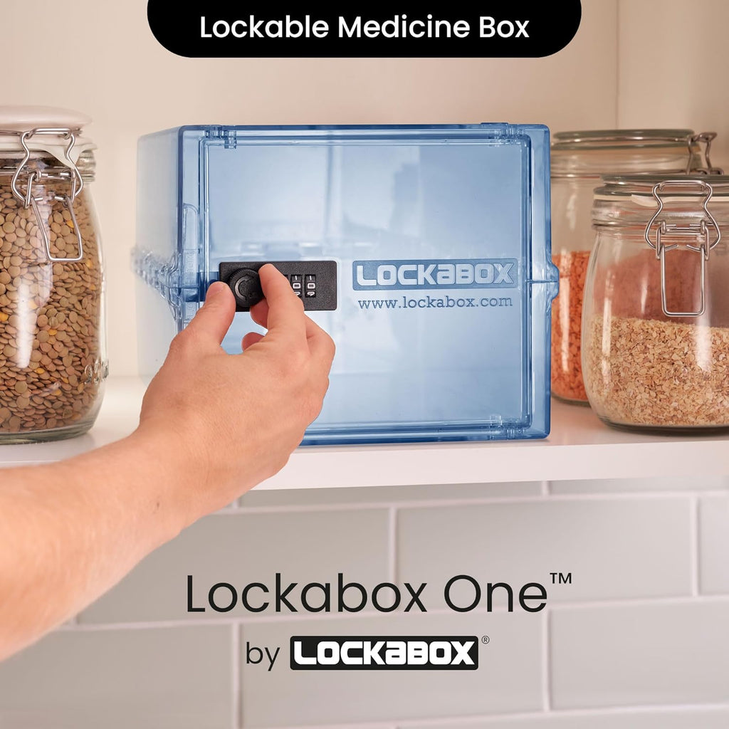 Lockabox One™ | Premium Medicine Lock Box | Medium Medication Lock Box With Code For Medicines, Vitamins & Supplements | External Size 12 x 8 x 6.6 inches (Light Medi Blue)