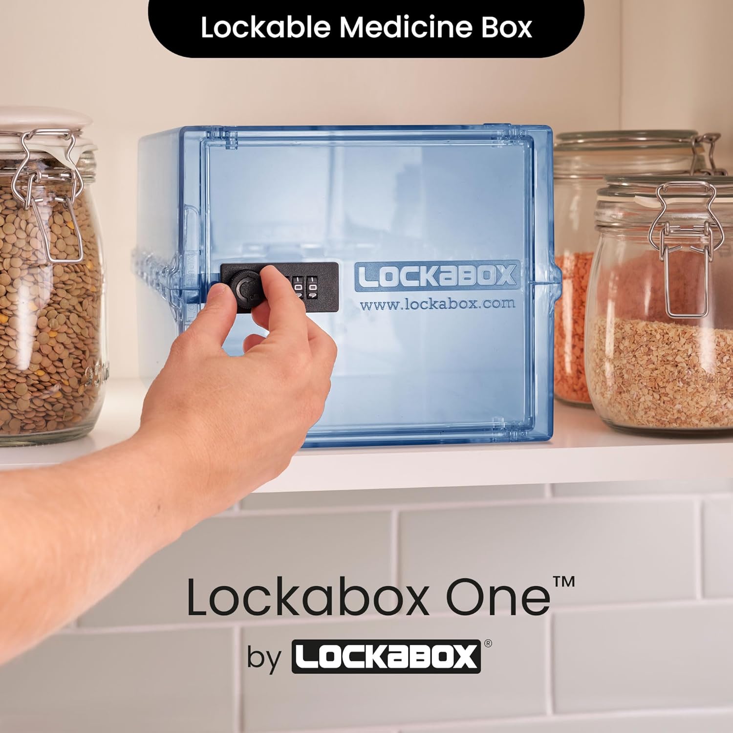 Lockabox One™ | Premium Medicine Lock Box | Medium Medication Lock Box With Code For Medicines, Vitamins & Supplements | External Size 12 x 8 x 6.6 inches (Light Medi Blue)