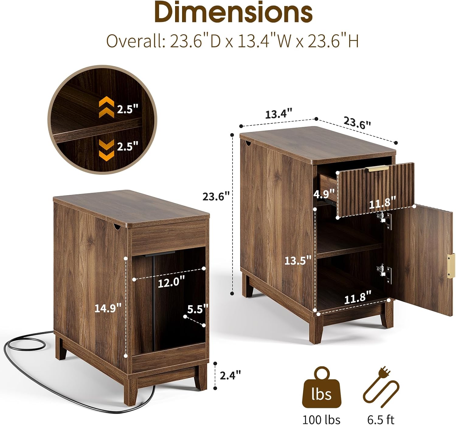 Yoobure End Table with Charging Station - Narrow Side Table for Living Room, Fluted Night Stand with Drawer and Storage Cabinet, Wood Nightstand with Adjustable Shelf for Bedroom Small Spaces, Walnut