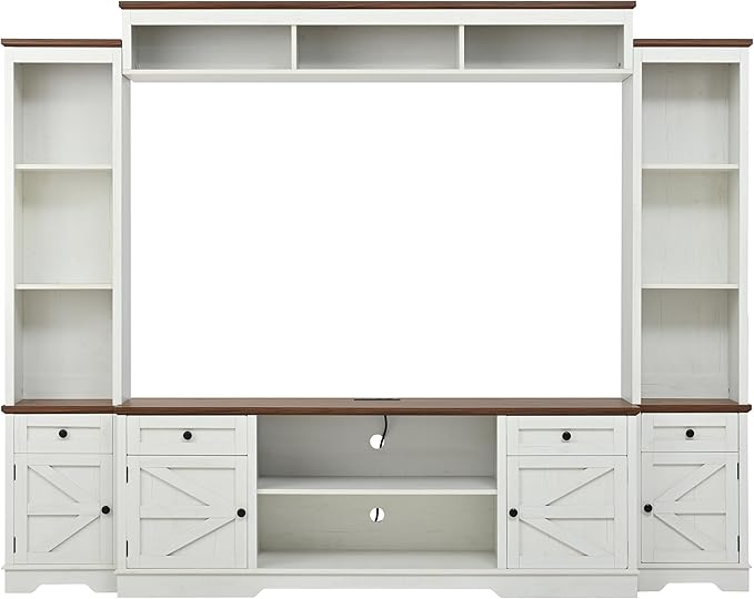 98.8" W Wall Unit Entertainment Center with Bookshelves for TVs up to 80", Modern TV Stand Media Console with Cabinets and Adjustable Shelves for Living Room (White+Walnut2)