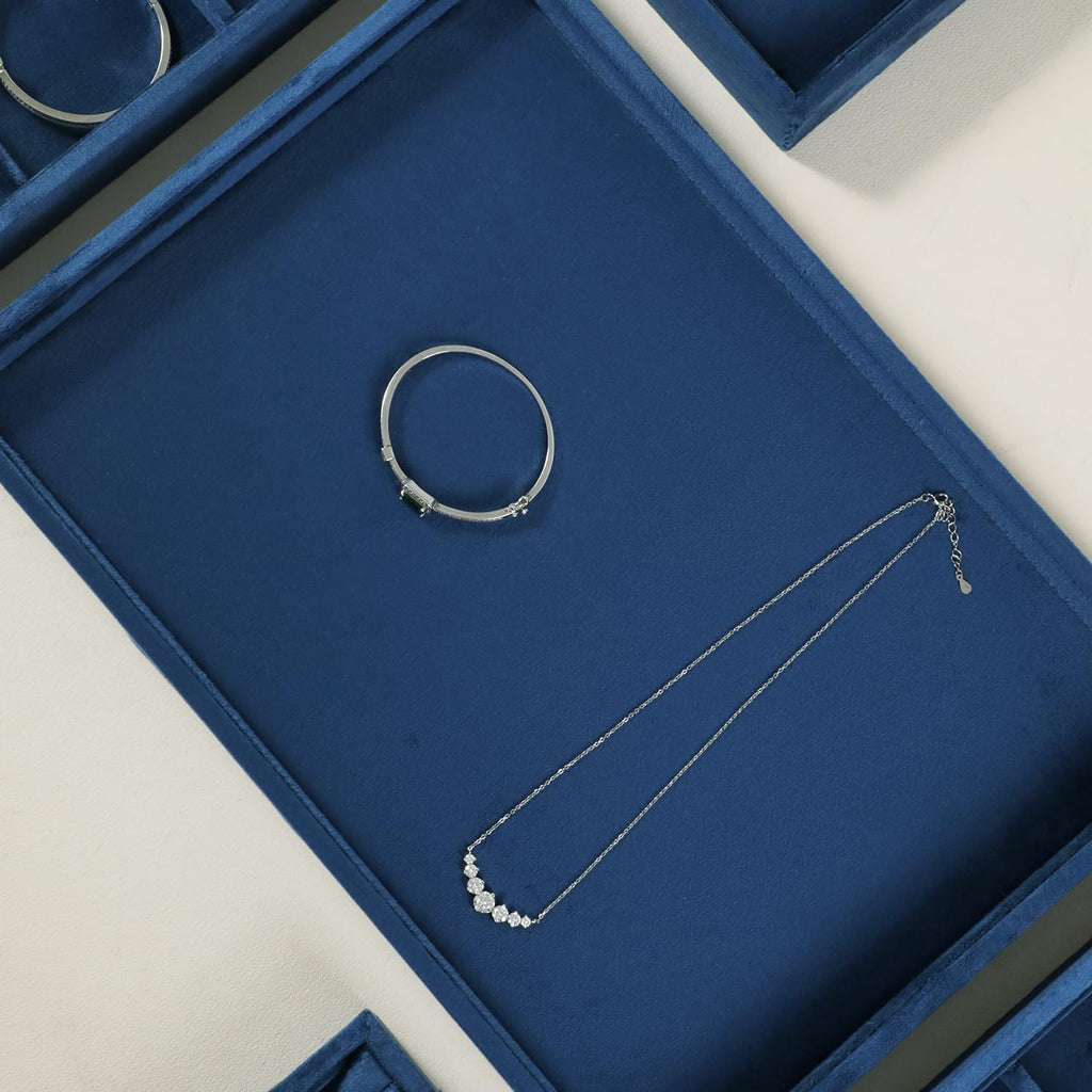 Velvet Stackable Jewelry Display Flat Tray For Ring Earring Necklace Bracelet, Bangle Pendant Storage Blank Plate, Shop Countertop Jewelry Dish Organizer (Blue)