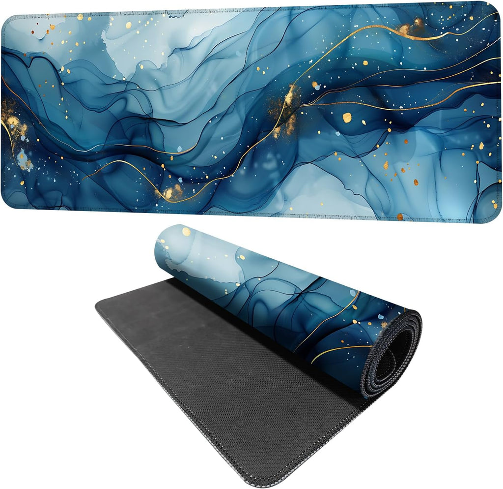 Marble Mouse Pad XXL – Large Blue Gold Marble Texture Desk Mat, Extended Non-Slip Mousepad for Office, Home, Workstation, Elegant Aesthetic Decor,31.5 x 11.8 in