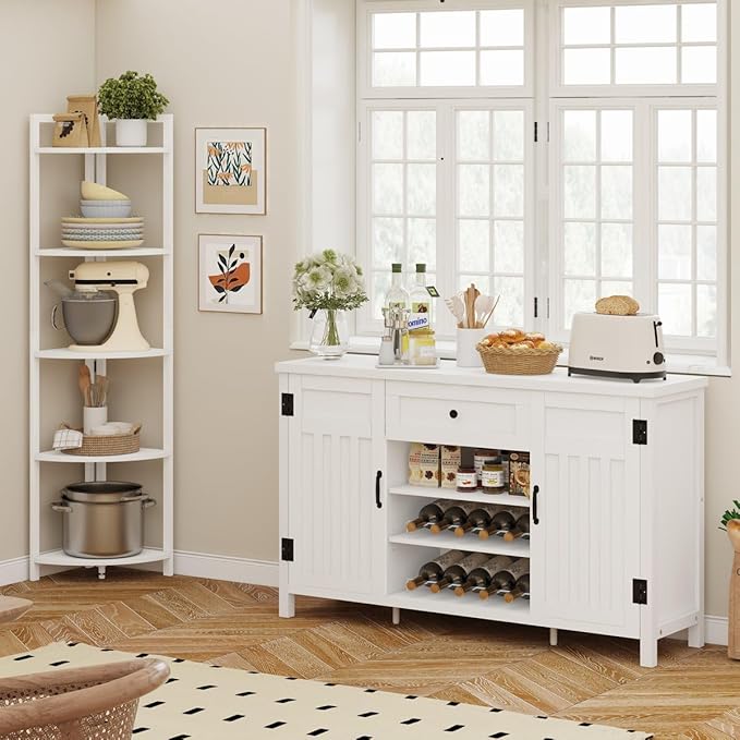FATORRI Buffet Cabinet with Storage, Modern Coffee Bar Cabinet for Home Liquor, Sideboard Buffet Cabinets with Wine Rack, Kitchen Storage Cupboard with Drawer (White Oak)