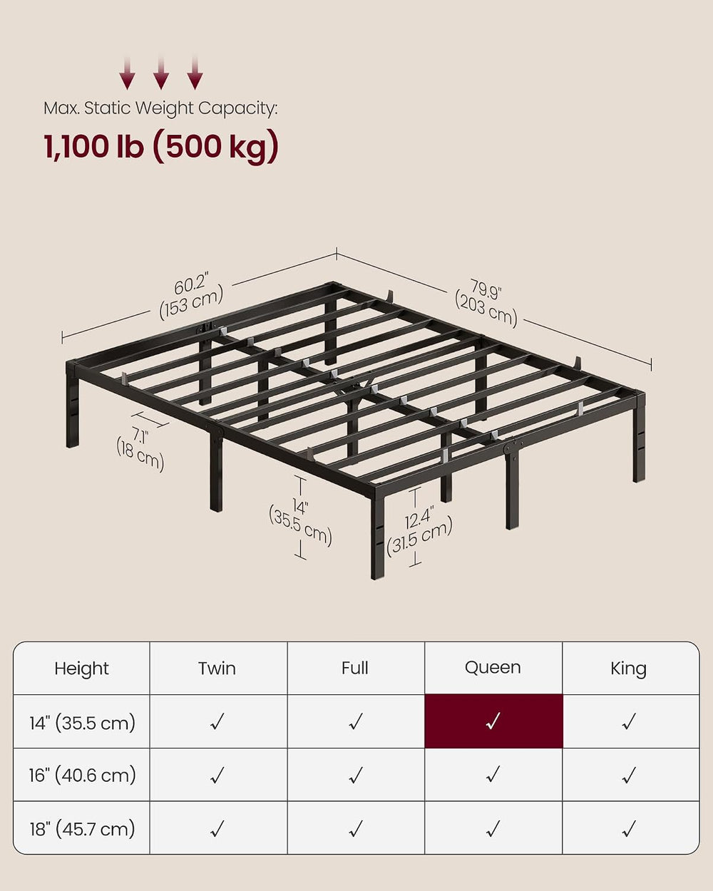 VASAGLE Queen Metal Bed Frame 14 Inches Tall, 1100 lb Weight Capacity