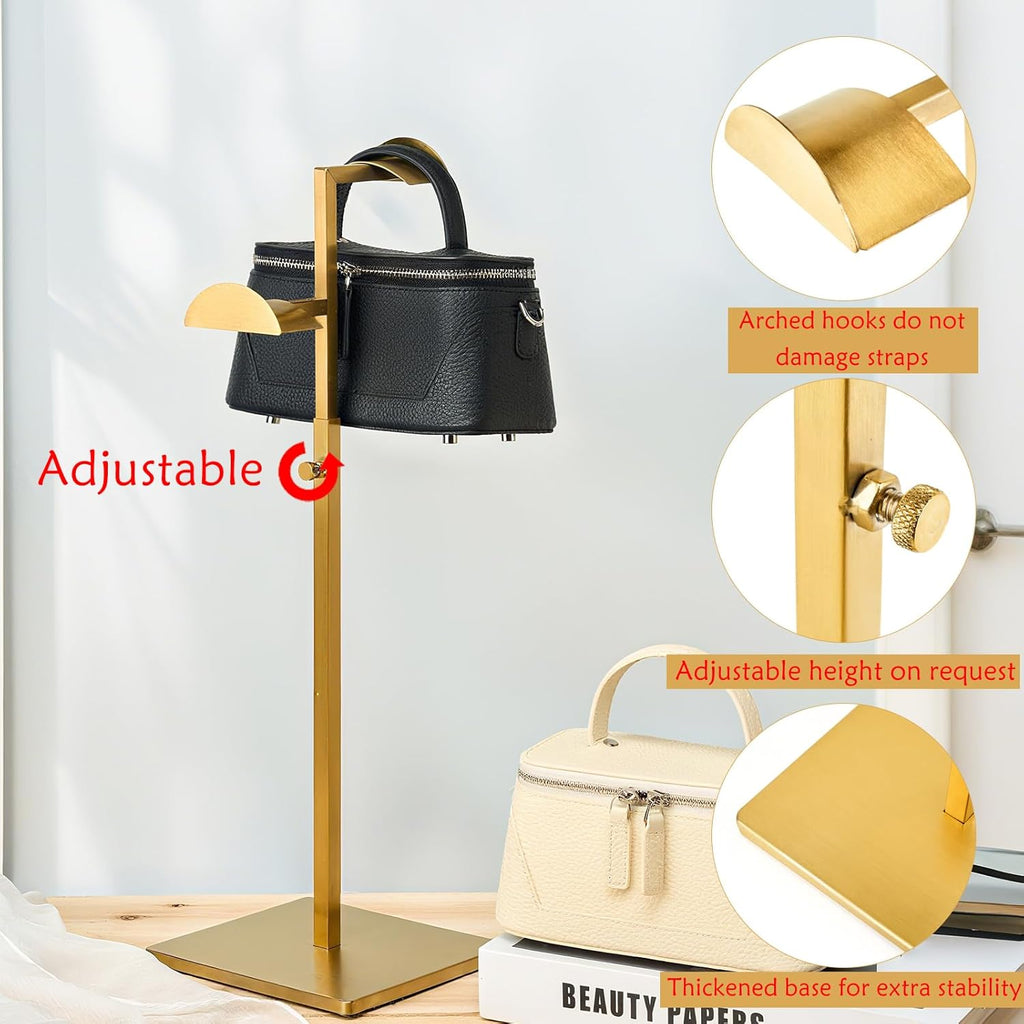 Two Tiers Handbag Display Stands - 2PCS Stainless Steels Purse Stand Holder Adjustable Height Purse Display for Retail Luxury Bag Organizer Home Store Boutique Retail Closet Gold Color
