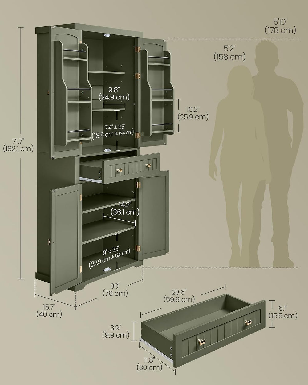 VASAGLE Pantry Cabinet, 15.7 x 30 x 71.7 Inches, Freestanding Tall Cupboard S...