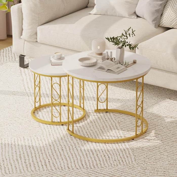 Garden 4 you Coffee Table Faux Marble Nesting Table for Small Place 2 Sets Modern Furniture Living Room Sets End Side Table Night Stand for Bed Room Dining Room (White & Gold)