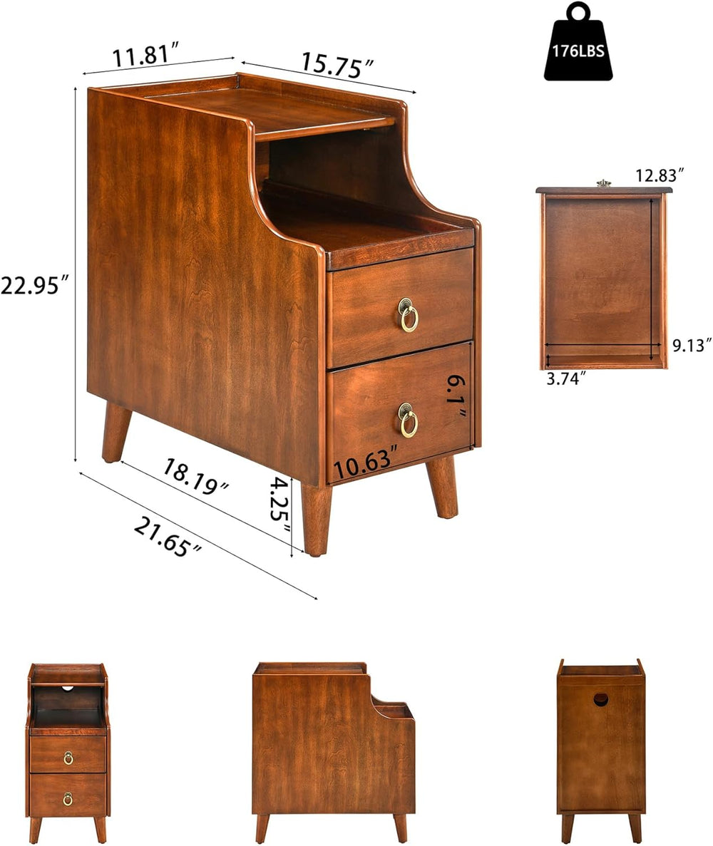 Set of 2 Solid Wood Narrow Nightstand with 2 Drawers, Fully Assembled Skinny ...