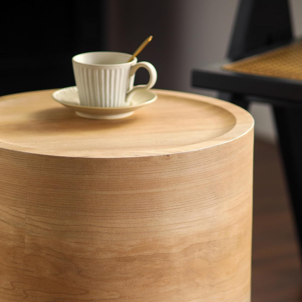 Round Drum Side Table Modern Natural Wood Color Small Accent Coffee Tables fo...