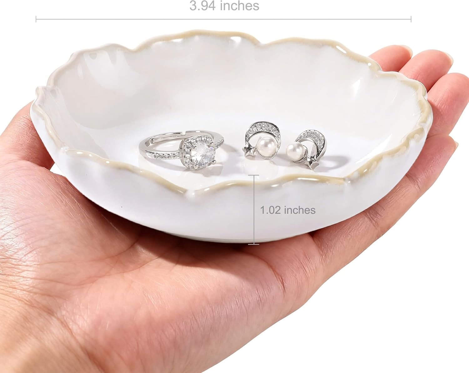 HOME SMILE Ring Jewelry Dish Pastel White Ruffled Ceramic|Trinket Tray for Earrings, Necklaces|Mothers Day Birthday Friendship Gifts for Women|Vanity Organizer & Bathroom Decor