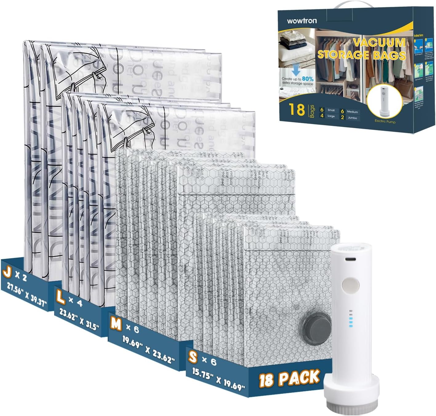 Space Saver Vacuum Storage Bags with Electric Pump, 18 PCS (6S,6M,4L,2J) Space Saver Vacuum Seal Bags for Clothing, Travel, Bedding, Blanket, Pillow, Comforter