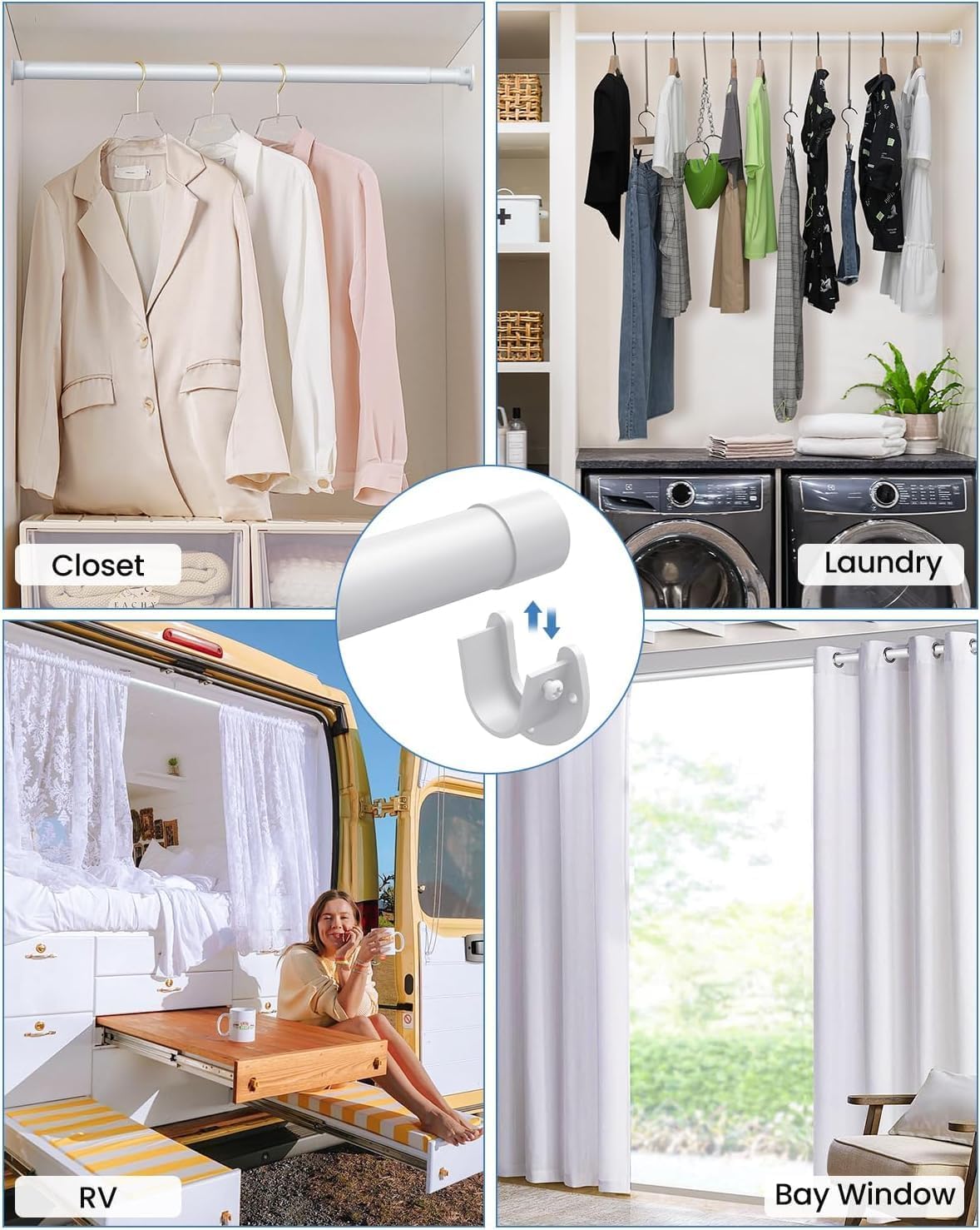 Closet Rods for Hanging Clothes, 17 to 69 Inches Stepless Adjustable Metal Closet Rod, 1.3 Inches Heavy Duty Clothes Hanging Rod for Closet Wardrobes Laundry RV, White