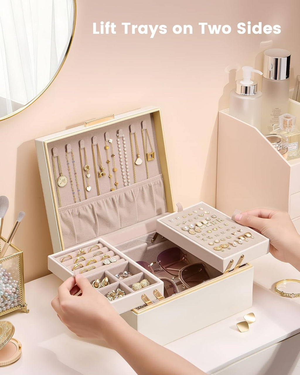 Lolalet Jewelry Box for Women Girls, 2 Layer Jewelry Organizer -Cream | Jewellery Storage Case, Necklace Earrings Rings Bracelets Holder, Cnristmas Birthday Gifts for Mom Teen Girls Daughter