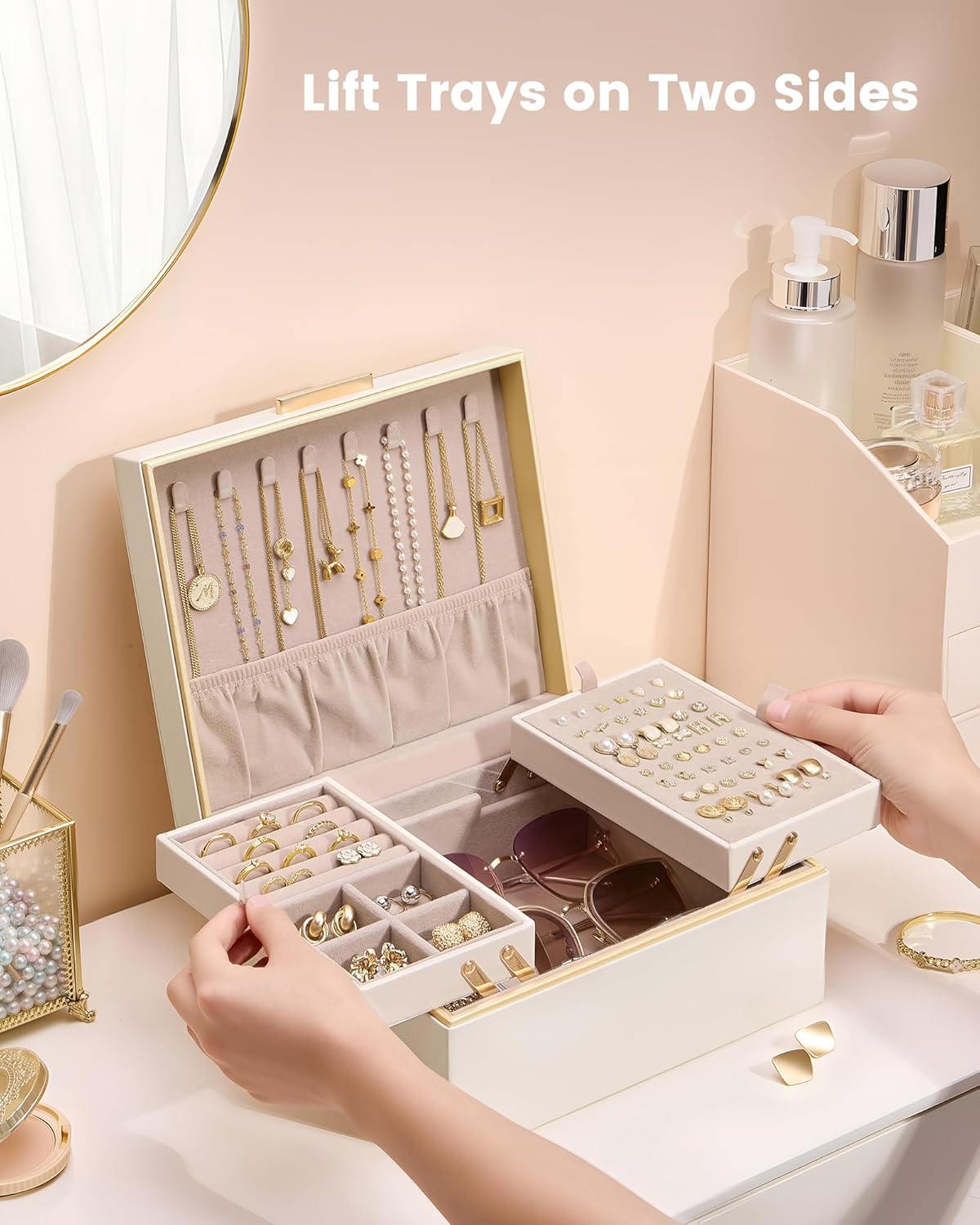 Lolalet Jewelry Box for Women Girls, 2 Layer Jewelry Organizer -Cream | Jewellery Storage Case, Necklace Earrings Rings Bracelets Holder, Cnristmas Birthday Gifts for Mom Teen Girls Daughter