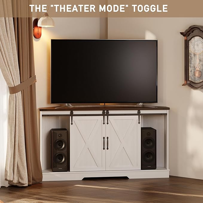 Corner TV Stand for 65 inch TV, 58" Hexagon Entertainment Center with Sliding Barn Doors and Adjustable Shelves, Farmhouse Media Console with Drawer & Cable Management for Living Room, White