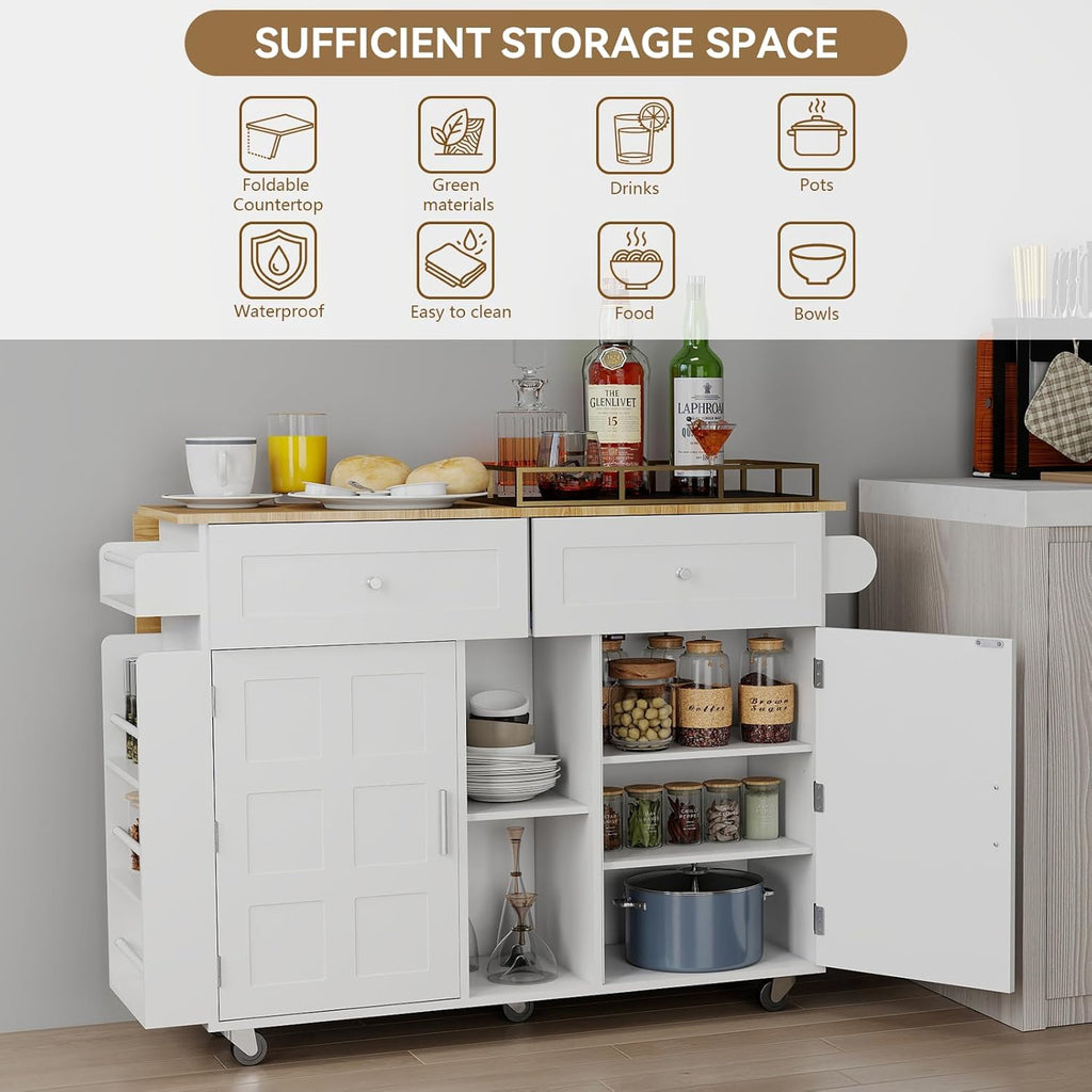 YOURLITE Kitchen Islands with Wheels, 45" Kitchen Island with Drop Leaf, Home Bar Table with Spice Rack & with Trash Cabinet, Rolling Island Table for Dining Room with Power Outlet, White