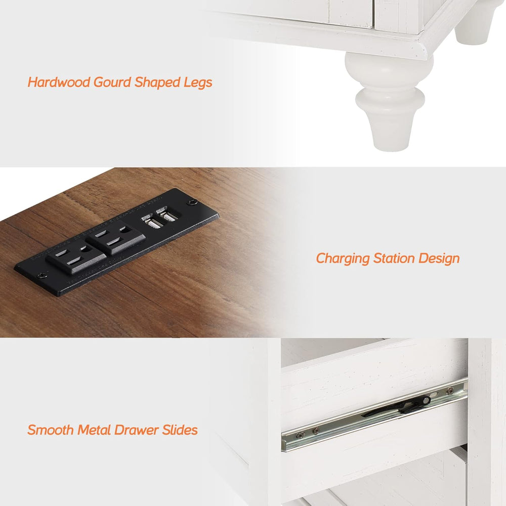 WAMPAT White End Table with Charging Station, Nightstand with Power Outlets &...