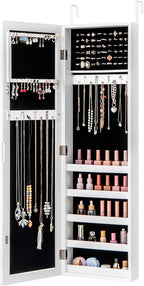 Giantex Jewelry Armoire with Full Length Mirror, Wall and Door Mounted Jewelry Cabinet Organizer with Magnetic Door, Large Storage for Earrings, Rings, Necklaces & Accessories, White