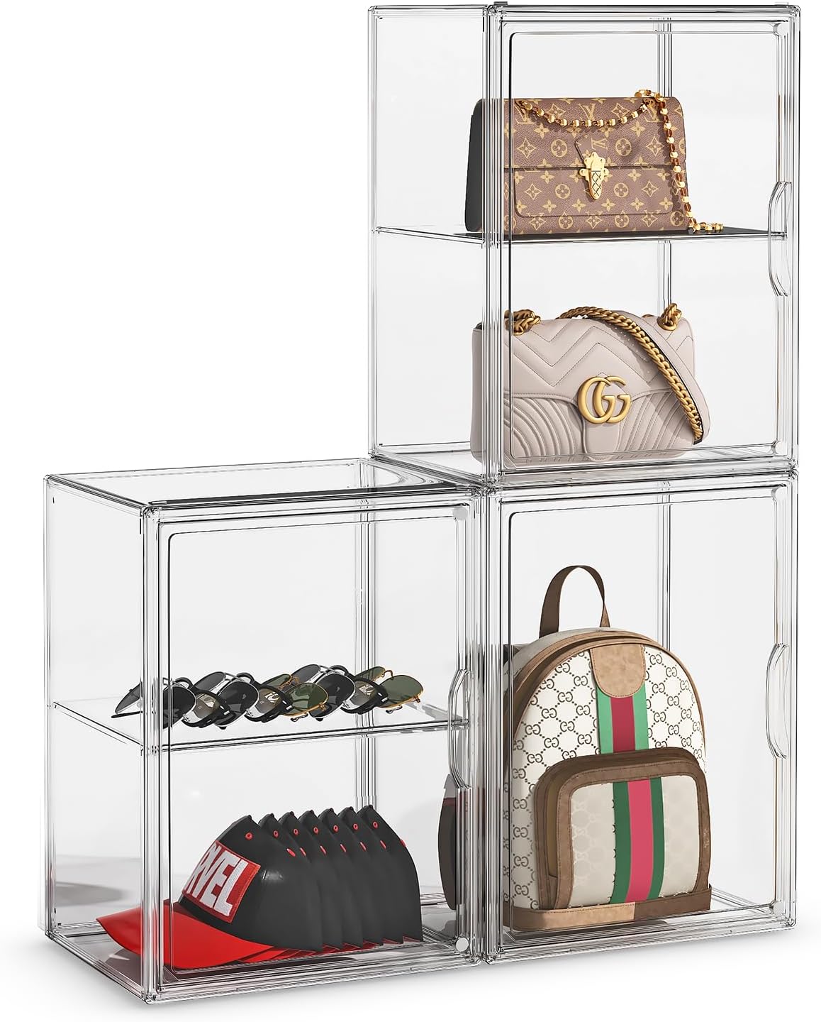 Purse Storage Organizer for Closet 3 Packs Clear Handbag Storage Organizer Acrylic Display Case with Adjustable Divider for Collectibles, Stackable Bag Organizer for Wallet, Figure, XXX-Large
