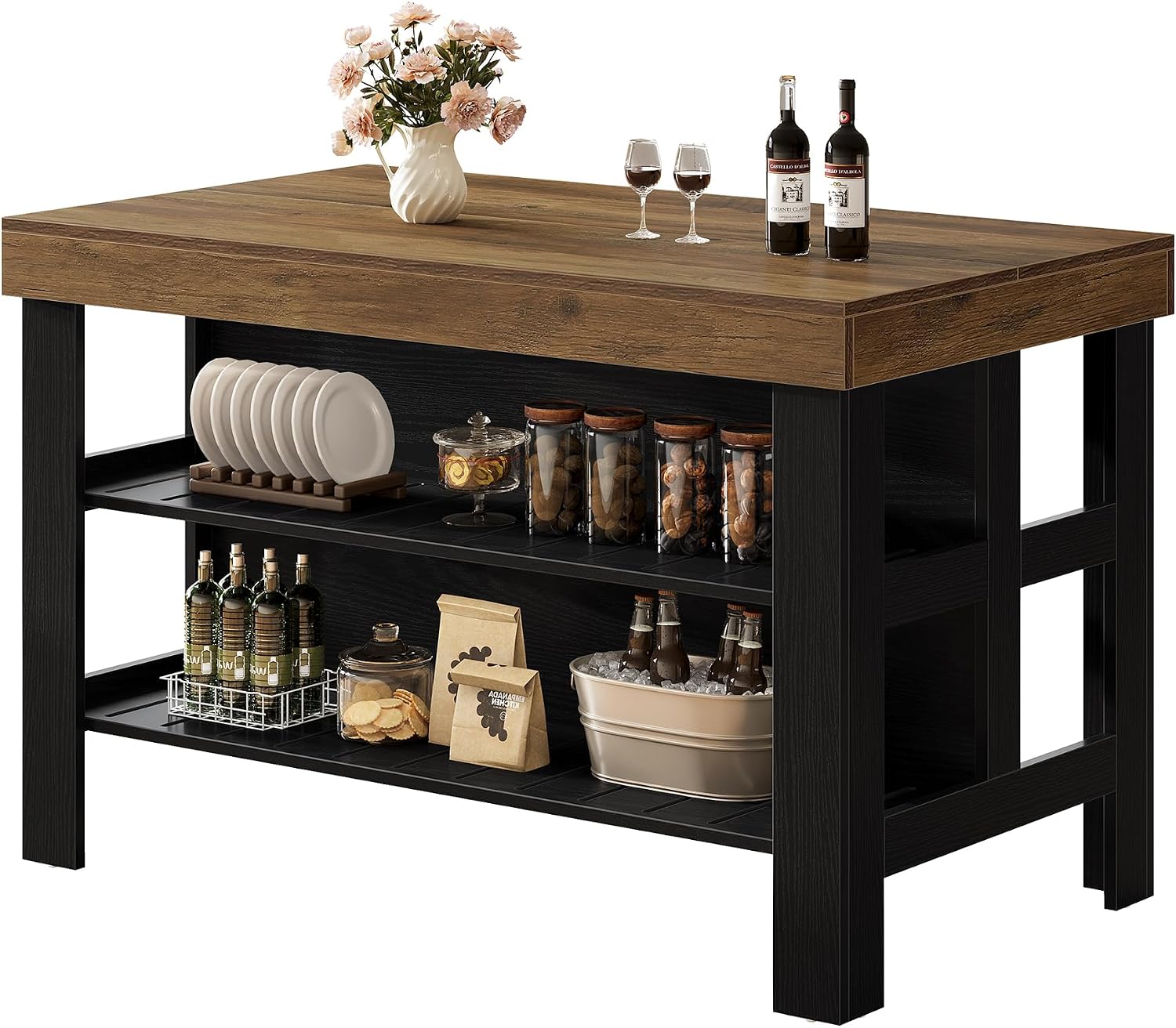 Tribesigns Kitchen Island with Seating and Storage Shelves, 55.1-Inch Breakfast Counter Farmhouse Island Table for Kitchen Dining Room (Brown and Black)