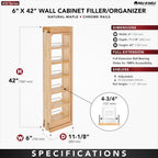 Rev-A-Shelf 6" W x 42" H Pull Out Quad Shelf Organizer for Wall & Base Kitchen Cabinets, Full Extension Filler Spice Rack, Adjustable, Wood, 432-WF42-6C
