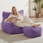 Bean Bag Chair with Ottoman - Modern Comfy Beanbag Sofa with Footrest, Soft Faux Fur Lounger Chair for Adults Teens, Cozy Memory Foam Filled Gaming Reading Chairs for Bedroom, Living Room (Purple)