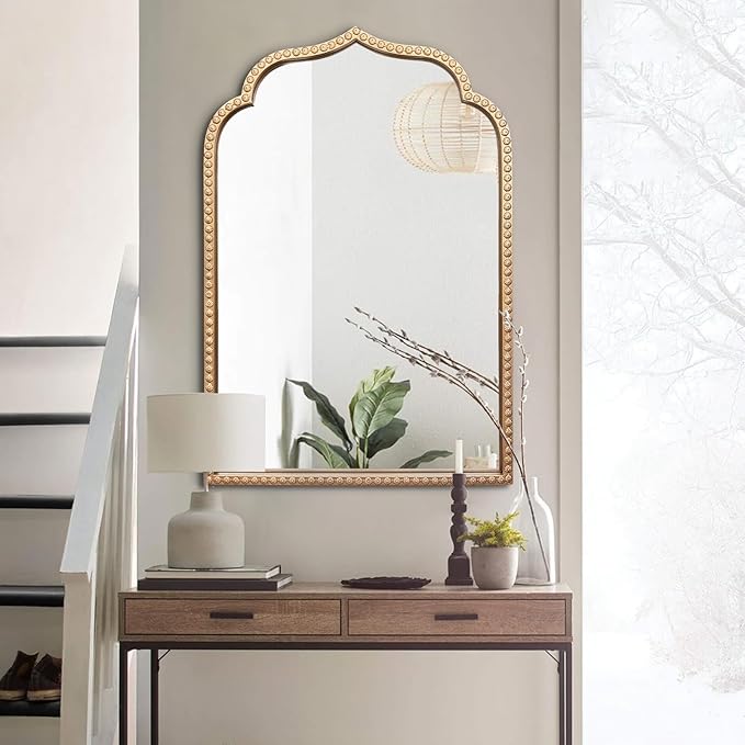 Gold Arch Mirror, 24"x36" Arched Vanity Mirrors for Bathroom, Metal Beaded Frame Ornate Decorative Mirror, Scalloped Vintage Mirrors for Fireplace Bedroom Living Room Hallway Entryway