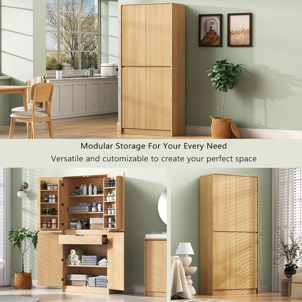 31.5x15.75x72Inches Natural Tall Farmhouse Kitchen Pantry Cabinet, 8 Door She...