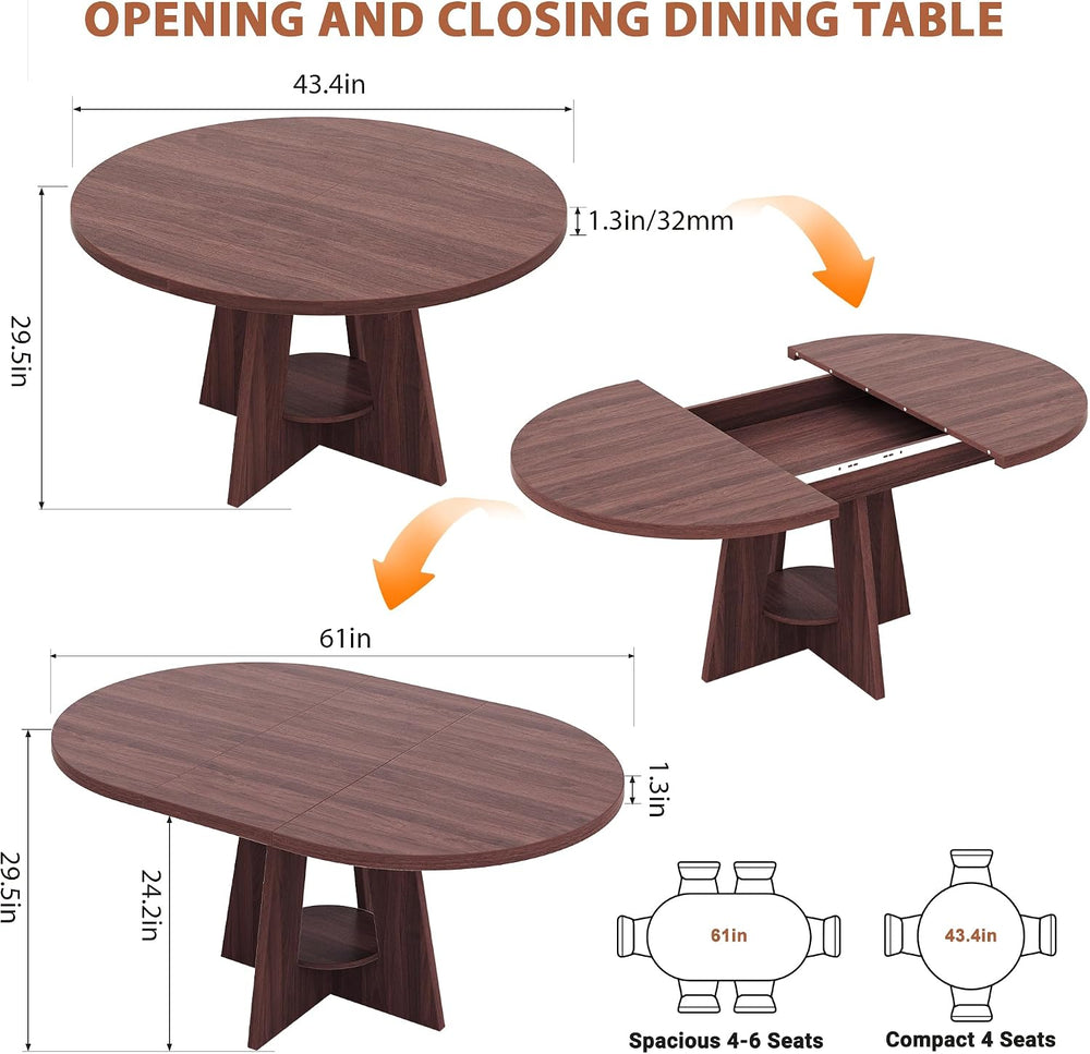 Extendable Dining Table, Round Kitchen Dining Room Dinner Table with for 4 6 ...