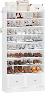 Hzuaneri Shoe Storage Cabinet, 10 Tiers Shoe Organizer with 2 Cloth Drawers | Wooden Freestanding Shoes Cabinet with 2 Hooks, 40-45 Pairs, Shoes Cubby Organizer for Entryway, White SR52903MI